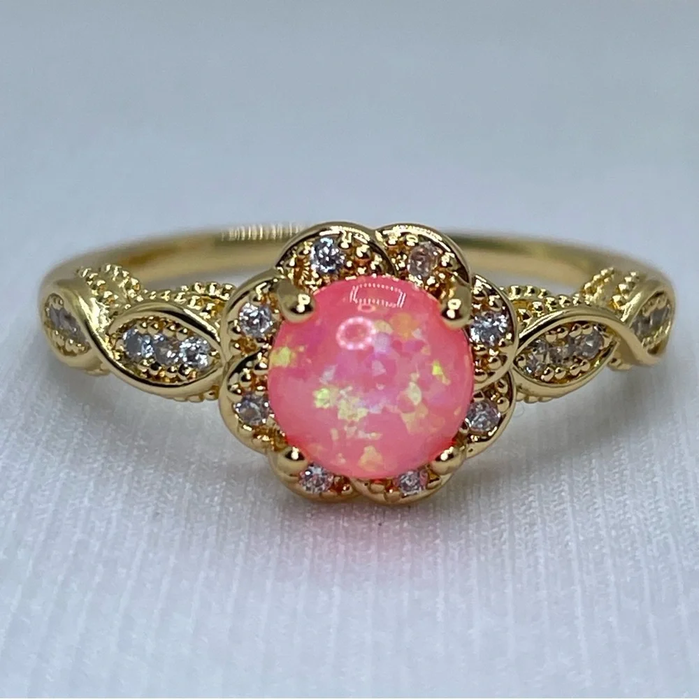 Pink Faux Opal CZ Ring Gold Vintage Style Halo Floral Engagement Ring Art Deco